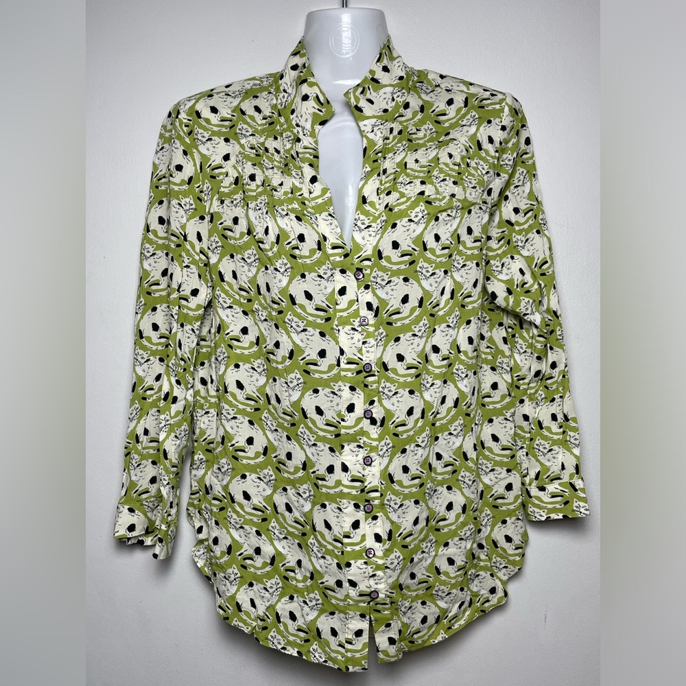 Anthropologie 16 Of 52 Conversations Colloquial Cat Print Olive Green Women 14 L